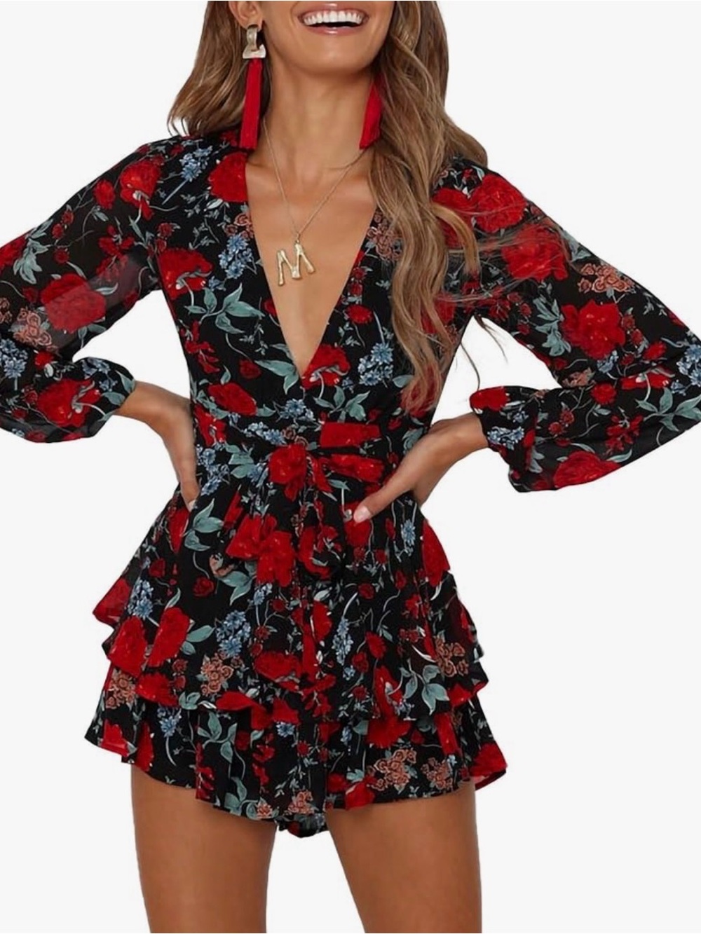 Deep V-Neck Red Floral Tiered Mini Dress - Black Background